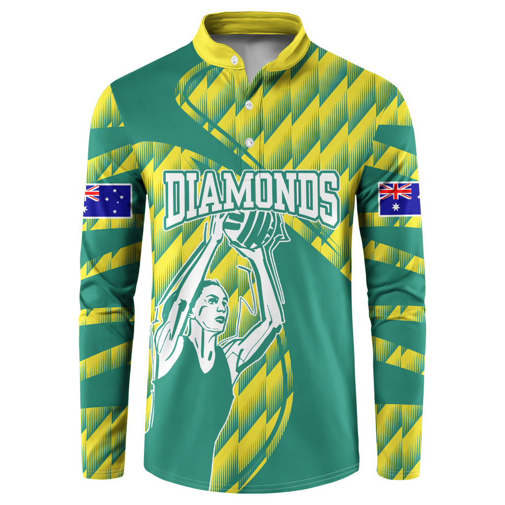 Australian Diamonds Netball Button Sweatshirt Bold Geometric Zigzag Pattern With Athletic Player Graphics