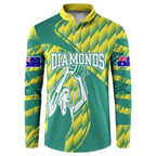 Australian Diamonds Netball Button Sweatshirt Bold Geometric Zigzag Pattern With Athletic Player Graphics