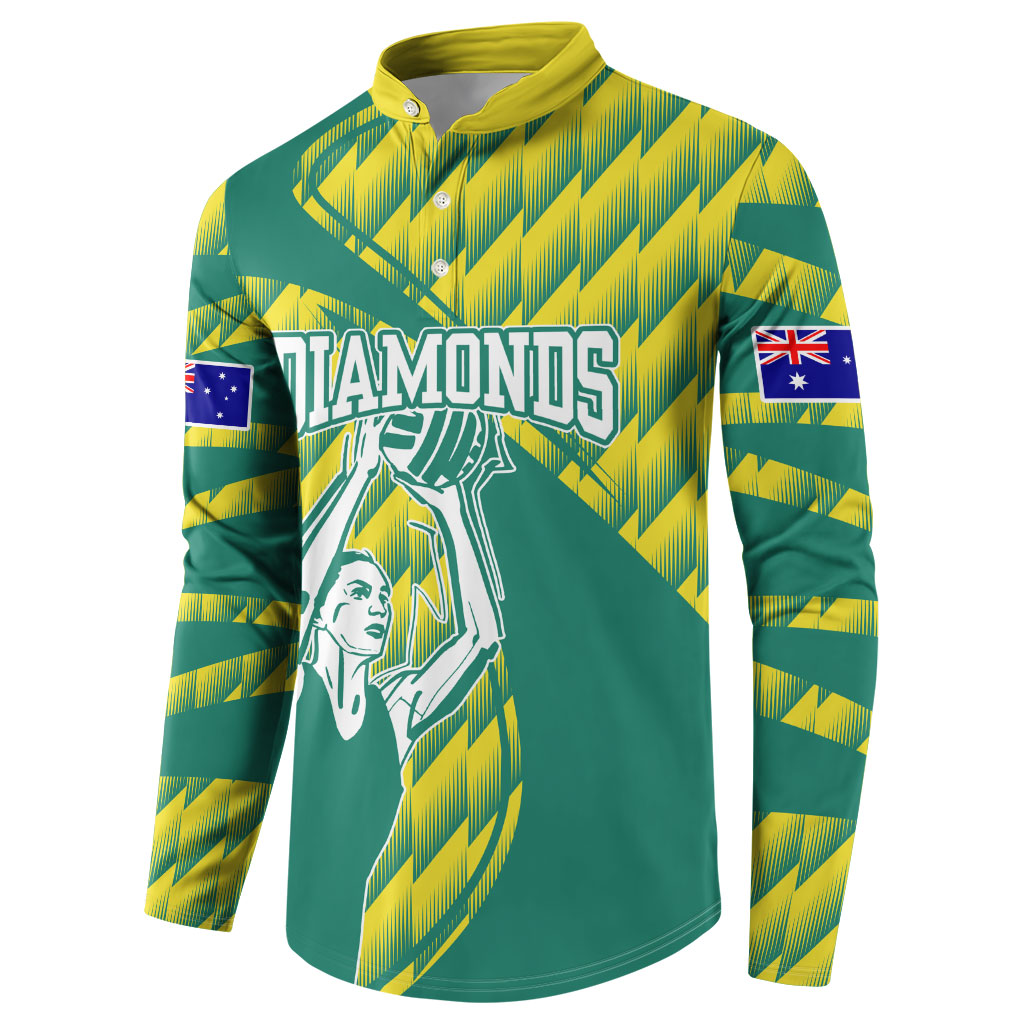 Australian Diamonds Netball Button Sweatshirt Bold Geometric Zigzag Pattern With Athletic Player Graphics