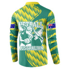 Australian Diamonds Netball Button Sweatshirt Bold Geometric Zigzag Pattern With Athletic Player Graphics