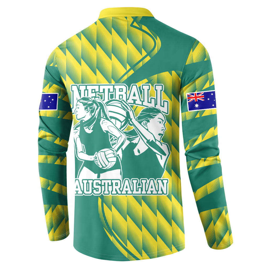 Australian Diamonds Netball Button Sweatshirt Bold Geometric Zigzag Pattern With Athletic Player Graphics
