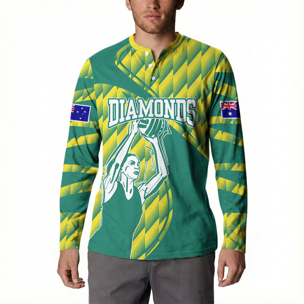 Australian Diamonds Netball Button Sweatshirt Bold Geometric Zigzag Pattern With Athletic Player Graphics