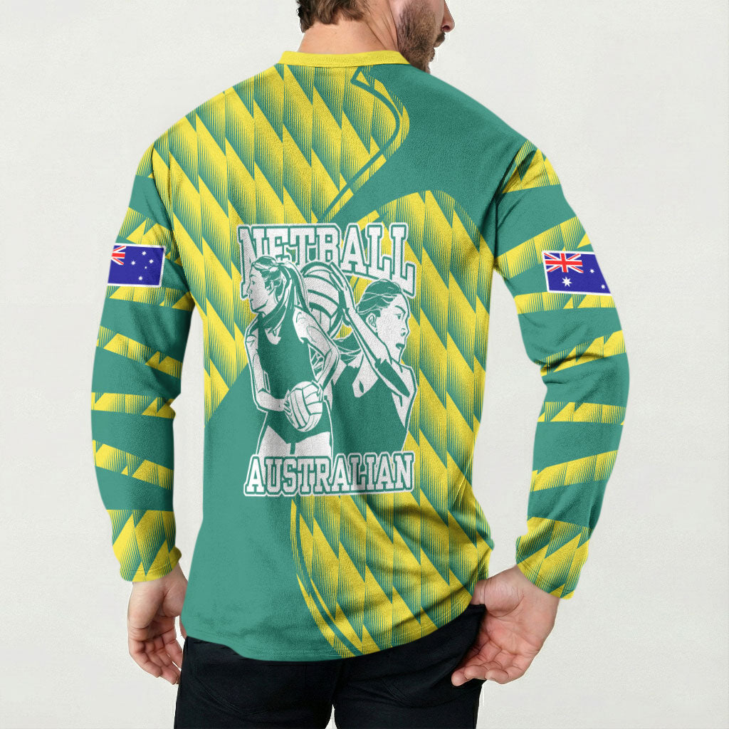 Australian Diamonds Netball Button Sweatshirt Bold Geometric Zigzag Pattern With Athletic Player Graphics
