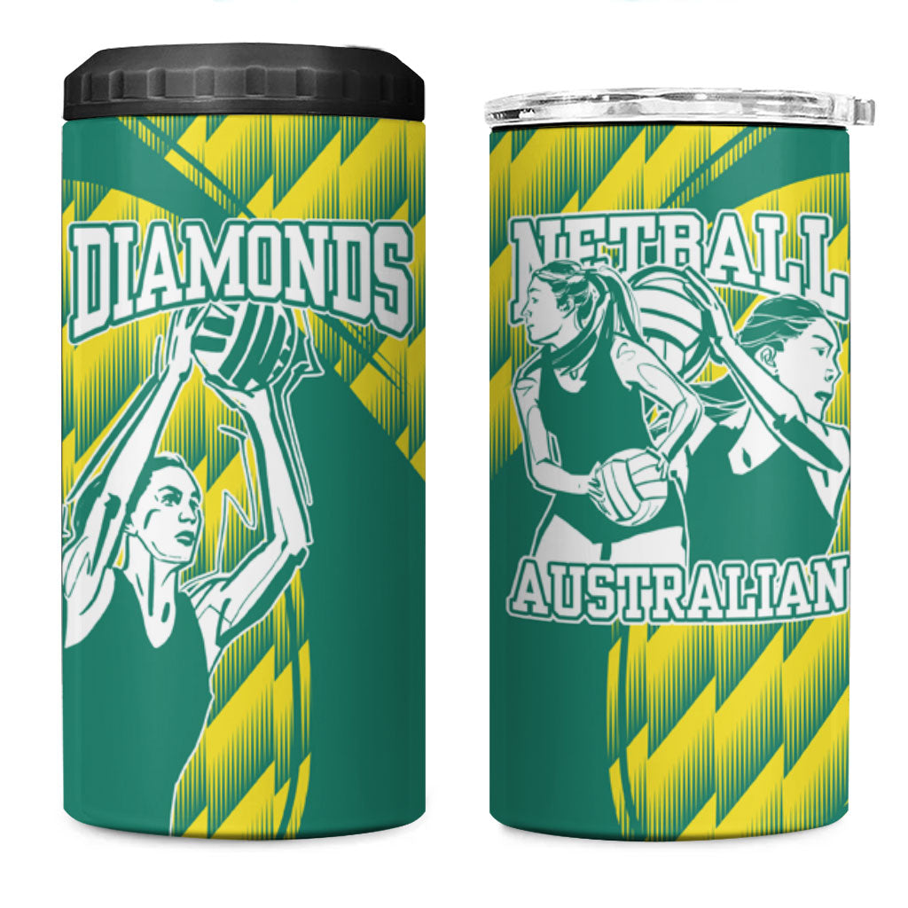 Australian Diamonds Netball 4 in 1 Can Cooler Tumbler Bold Geometric Zigzag Pattern With Athletic Player Graphics