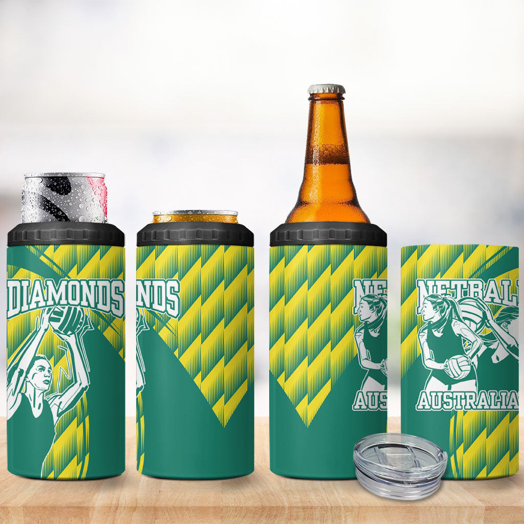 Australian Diamonds Netball 4 in 1 Can Cooler Tumbler Bold Geometric Zigzag Pattern With Athletic Player Graphics