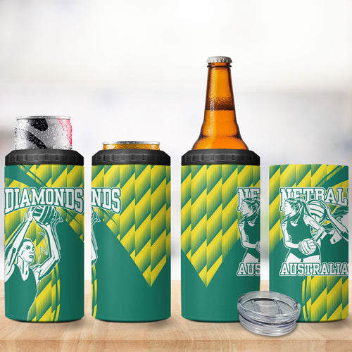 Australian Diamonds Netball 4 in 1 Can Cooler Tumbler Bold Geometric Zigzag Pattern With Athletic Player Graphics