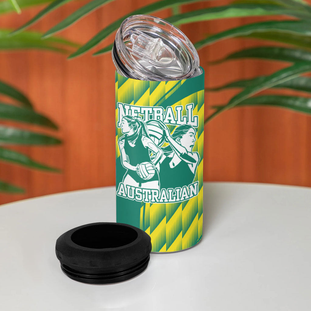 Australian Diamonds Netball 4 in 1 Can Cooler Tumbler Bold Geometric Zigzag Pattern With Athletic Player Graphics