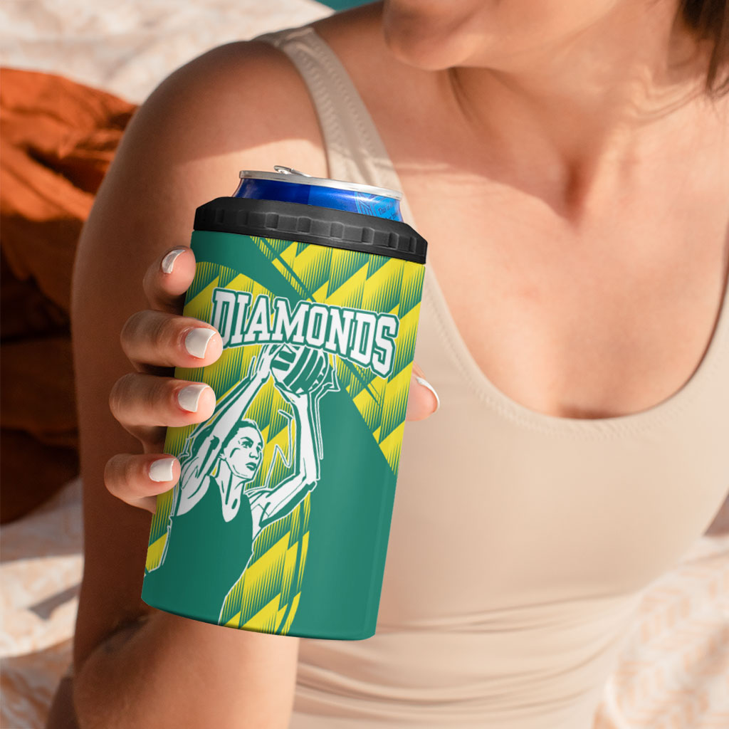 Australian Diamonds Netball 4 in 1 Can Cooler Tumbler Bold Geometric Zigzag Pattern With Athletic Player Graphics