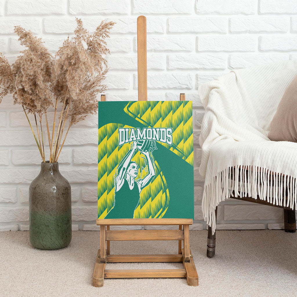 Australian Diamonds Netball Canvas Wall Art Bold Geometric Zigzag Pattern With Athletic Player Graphics