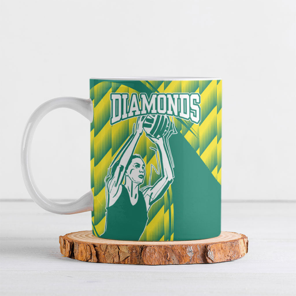 Australian Diamonds Netball Ceramic Mug Bold Geometric Zigzag Pattern With Athletic Player Graphics