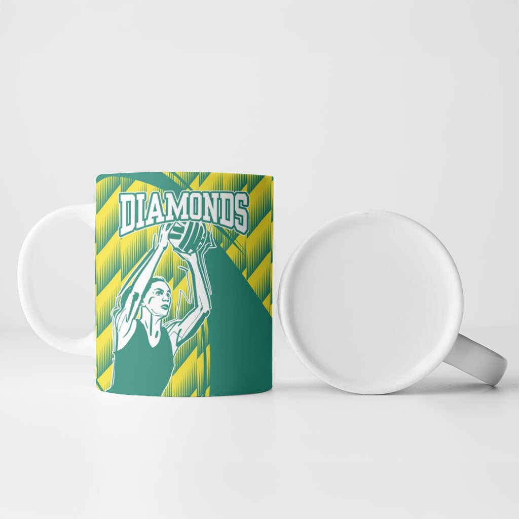 Australian Diamonds Netball Ceramic Mug Bold Geometric Zigzag Pattern With Athletic Player Graphics