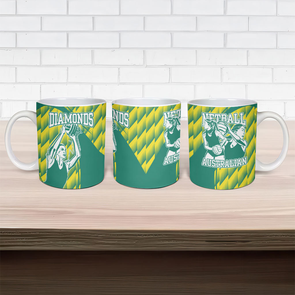 Australian Diamonds Netball Ceramic Mug Bold Geometric Zigzag Pattern With Athletic Player Graphics