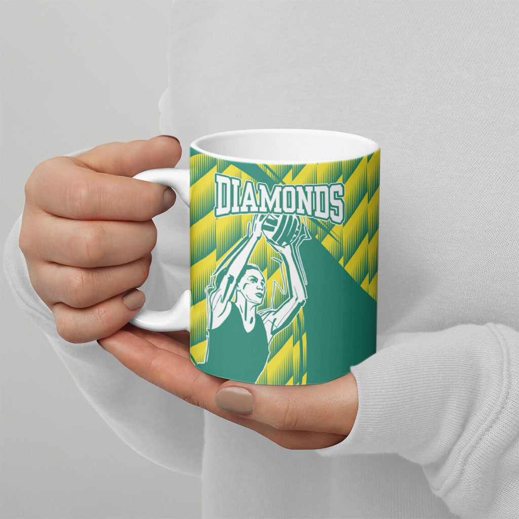 Australian Diamonds Netball Ceramic Mug Bold Geometric Zigzag Pattern With Athletic Player Graphics