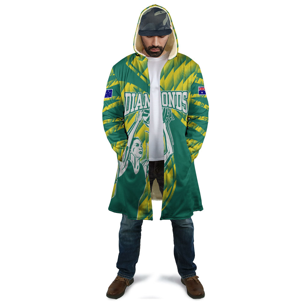 Australian Diamonds Netball Cloak Bold Geometric Zigzag Pattern With Athletic Player Graphics