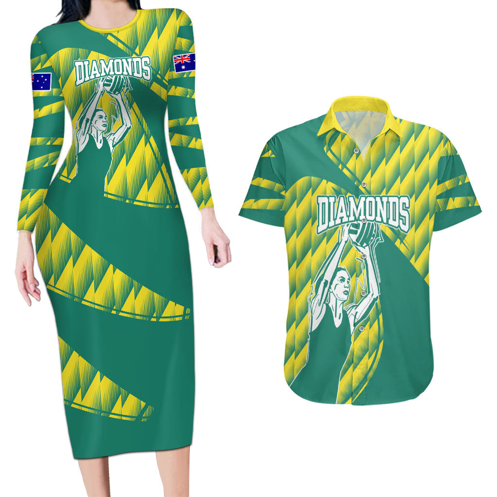 Australian Diamonds Netball Couples Matching Long Sleeve Bodycon Dress and Hawaiian Shirt Bold Geometric Zigzag Pattern With Athletic Player Graphics