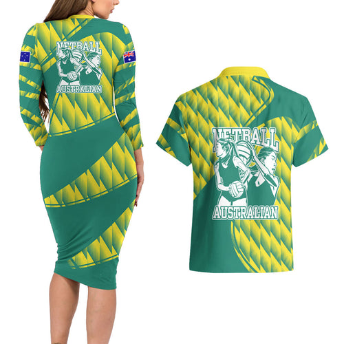 Australian Diamonds Netball Couples Matching Long Sleeve Bodycon Dress and Hawaiian Shirt Bold Geometric Zigzag Pattern With Athletic Player Graphics