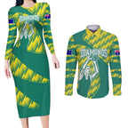 Australian Diamonds Netball Couples Matching Long Sleeve Bodycon Dress and Long Sleeve Button Shirt Bold Geometric Zigzag Pattern With Athletic Player Graphics