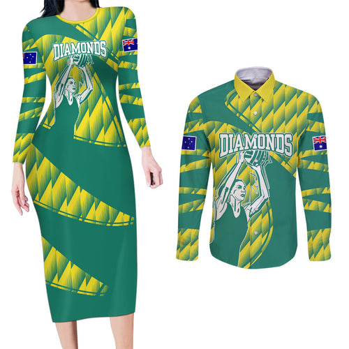 Australian Diamonds Netball Couples Matching Long Sleeve Bodycon Dress and Long Sleeve Button Shirt Bold Geometric Zigzag Pattern With Athletic Player Graphics