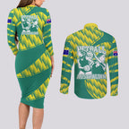 Australian Diamonds Netball Couples Matching Long Sleeve Bodycon Dress and Long Sleeve Button Shirt Bold Geometric Zigzag Pattern With Athletic Player Graphics