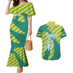 Australian Diamonds Netball Couples Matching Mermaid Dress and Hawaiian Shirt Bold Geometric Zigzag Pattern With Athletic Player Graphics