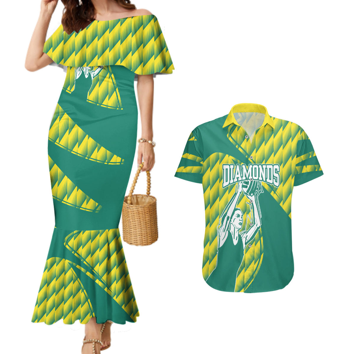Australian Diamonds Netball Couples Matching Mermaid Dress and Hawaiian Shirt Bold Geometric Zigzag Pattern With Athletic Player Graphics