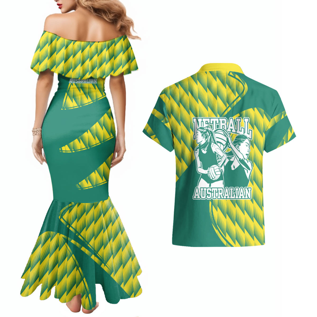 Australian Diamonds Netball Couples Matching Mermaid Dress and Hawaiian Shirt Bold Geometric Zigzag Pattern With Athletic Player Graphics