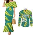 Australian Diamonds Netball Couples Matching Mermaid Dress and Long Sleeve Button Shirt Bold Geometric Zigzag Pattern With Athletic Player Graphics