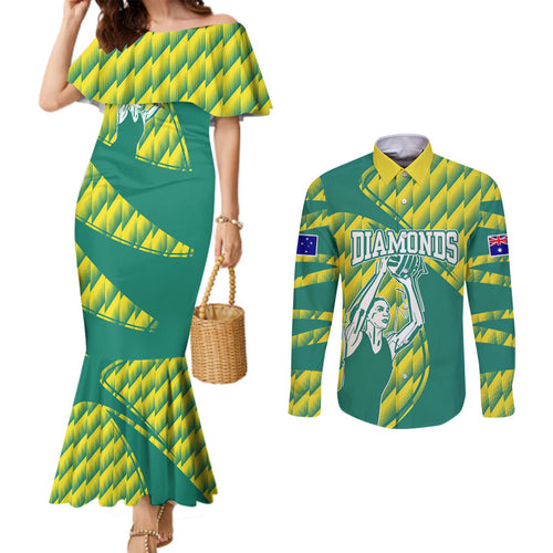 Australian Diamonds Netball Couples Matching Mermaid Dress and Long Sleeve Button Shirt Bold Geometric Zigzag Pattern With Athletic Player Graphics