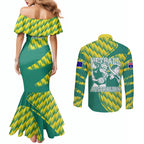 Australian Diamonds Netball Couples Matching Mermaid Dress and Long Sleeve Button Shirt Bold Geometric Zigzag Pattern With Athletic Player Graphics