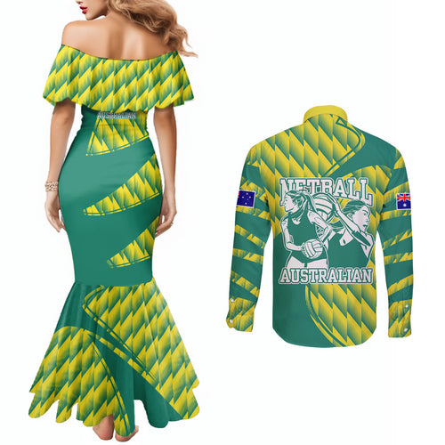 Australian Diamonds Netball Couples Matching Mermaid Dress and Long Sleeve Button Shirt Bold Geometric Zigzag Pattern With Athletic Player Graphics