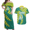 Australian Diamonds Netball Couples Matching Off Shoulder Maxi Dress and Hawaiian Shirt Bold Geometric Zigzag Pattern With Athletic Player Graphics