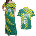Australian Diamonds Netball Couples Matching Off Shoulder Maxi Dress and Hawaiian Shirt Bold Geometric Zigzag Pattern With Athletic Player Graphics