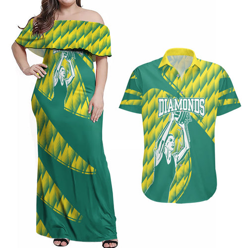 Australian Diamonds Netball Couples Matching Off Shoulder Maxi Dress and Hawaiian Shirt Bold Geometric Zigzag Pattern With Athletic Player Graphics