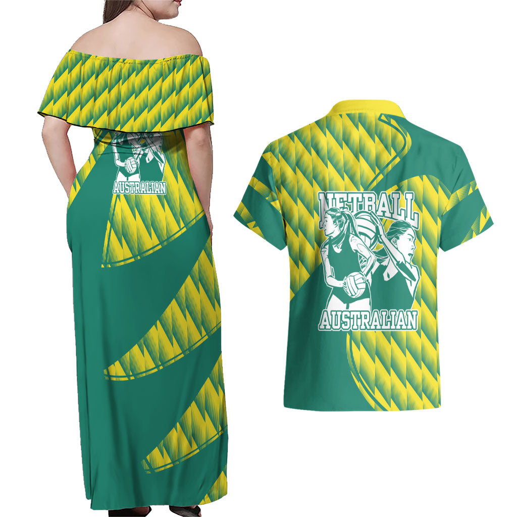 Australian Diamonds Netball Couples Matching Off Shoulder Maxi Dress and Hawaiian Shirt Bold Geometric Zigzag Pattern With Athletic Player Graphics