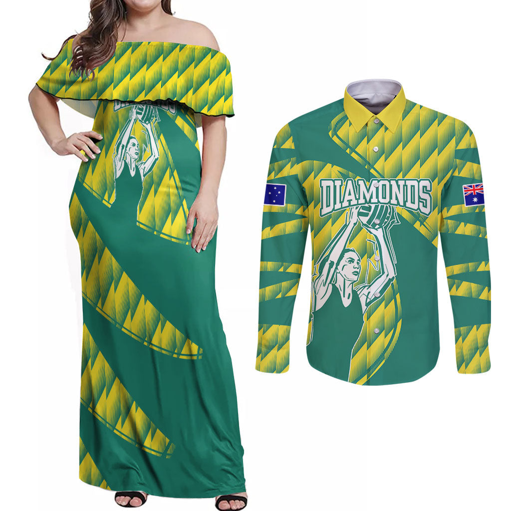 Australian Diamonds Netball Couples Matching Off Shoulder Maxi Dress and Long Sleeve Button Shirt Bold Geometric Zigzag Pattern With Athletic Player Graphics