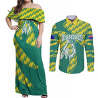Australian Diamonds Netball Couples Matching Off Shoulder Maxi Dress and Long Sleeve Button Shirt Bold Geometric Zigzag Pattern With Athletic Player Graphics