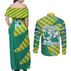 Australian Diamonds Netball Couples Matching Off Shoulder Maxi Dress and Long Sleeve Button Shirt Bold Geometric Zigzag Pattern With Athletic Player Graphics