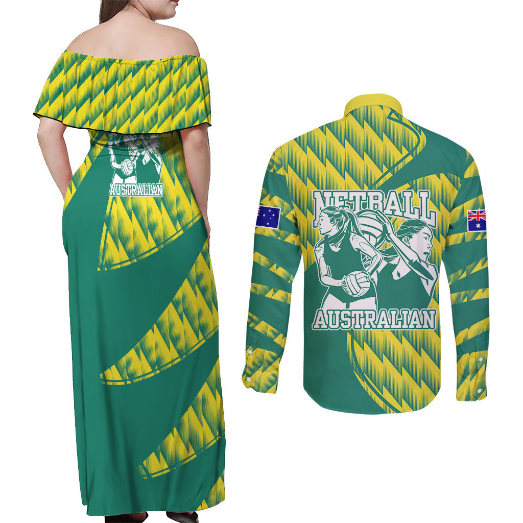 Australian Diamonds Netball Couples Matching Off Shoulder Maxi Dress and Long Sleeve Button Shirt Bold Geometric Zigzag Pattern With Athletic Player Graphics
