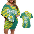Australian Diamonds Netball Couples Matching Off Shoulder Short Dress and Hawaiian Shirt Bold Geometric Zigzag Pattern With Athletic Player Graphics