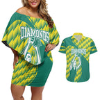 Australian Diamonds Netball Couples Matching Off Shoulder Short Dress and Hawaiian Shirt Bold Geometric Zigzag Pattern With Athletic Player Graphics
