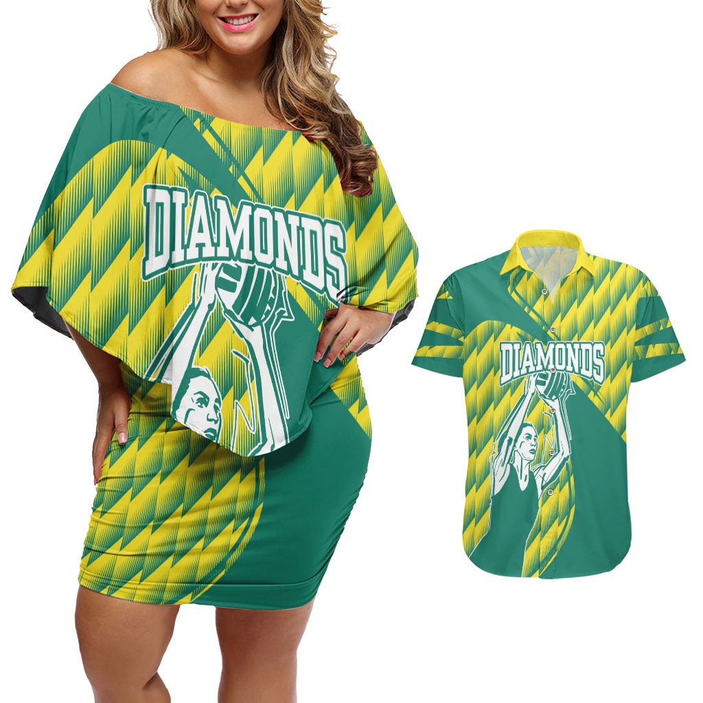 Australian Diamonds Netball Couples Matching Off Shoulder Short Dress and Hawaiian Shirt Bold Geometric Zigzag Pattern With Athletic Player Graphics