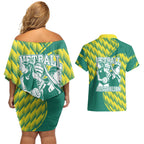 Australian Diamonds Netball Couples Matching Off Shoulder Short Dress and Hawaiian Shirt Bold Geometric Zigzag Pattern With Athletic Player Graphics