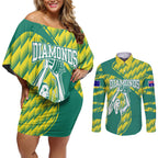 Australian Diamonds Netball Couples Matching Off Shoulder Short Dress and Long Sleeve Button Shirt Bold Geometric Zigzag Pattern With Athletic Player Graphics