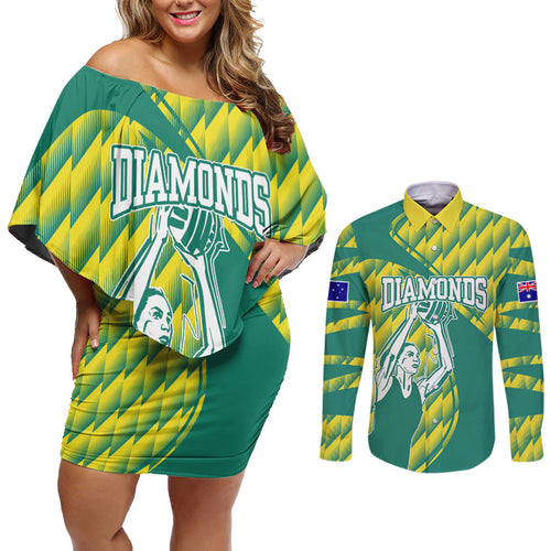 Australian Diamonds Netball Couples Matching Off Shoulder Short Dress and Long Sleeve Button Shirt Bold Geometric Zigzag Pattern With Athletic Player Graphics