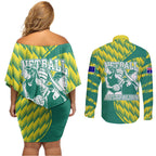 Australian Diamonds Netball Couples Matching Off Shoulder Short Dress and Long Sleeve Button Shirt Bold Geometric Zigzag Pattern With Athletic Player Graphics