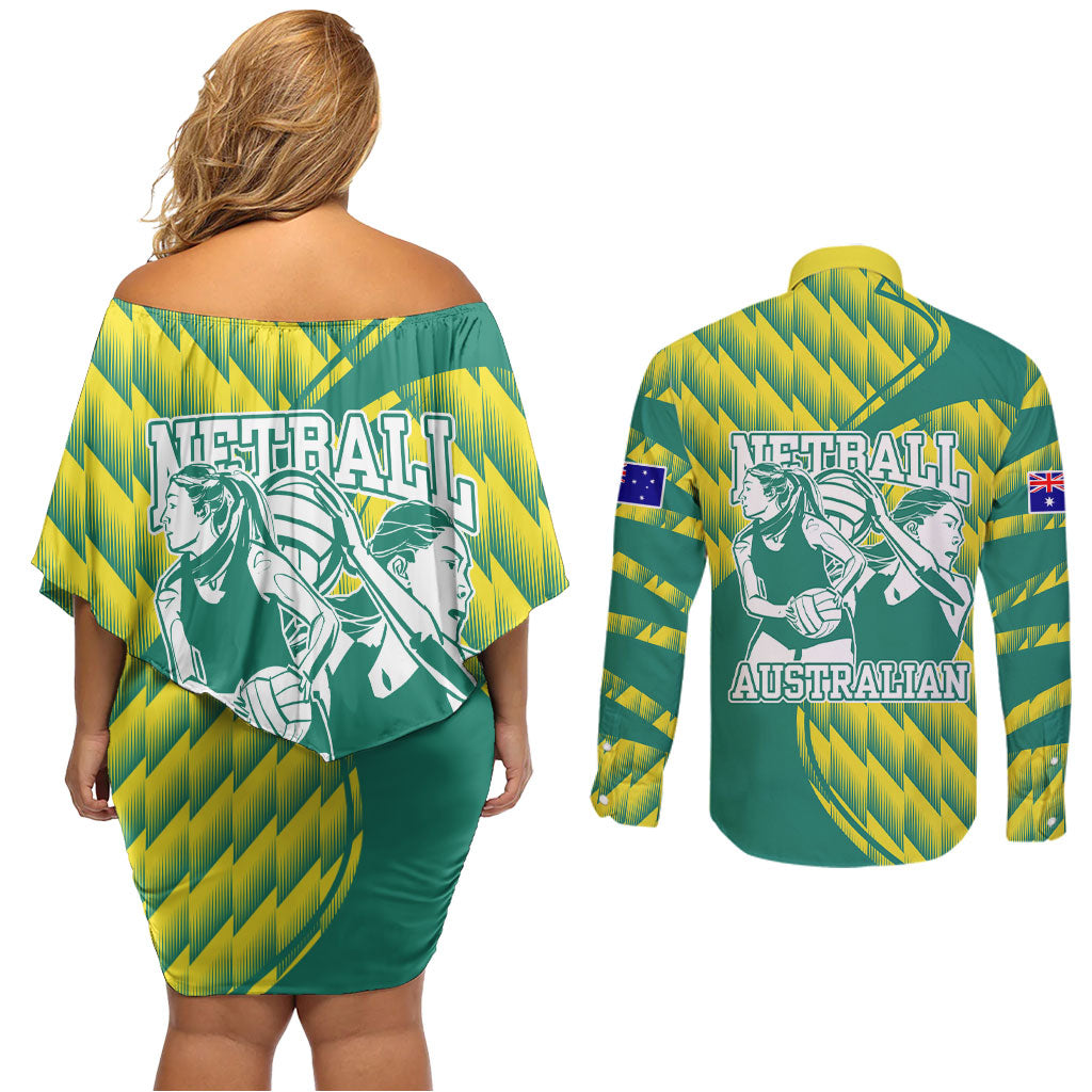 Australian Diamonds Netball Couples Matching Off Shoulder Short Dress and Long Sleeve Button Shirt Bold Geometric Zigzag Pattern With Athletic Player Graphics