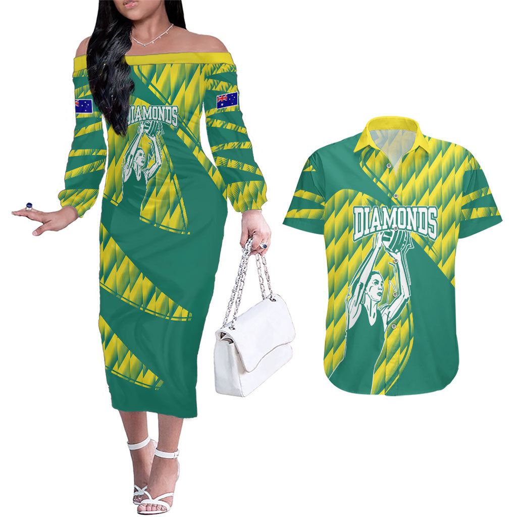 Australian Diamonds Netball Couples Matching Off The Shoulder Long Sleeve Dress and Hawaiian Shirt Bold Geometric Zigzag Pattern With Athletic Player Graphics