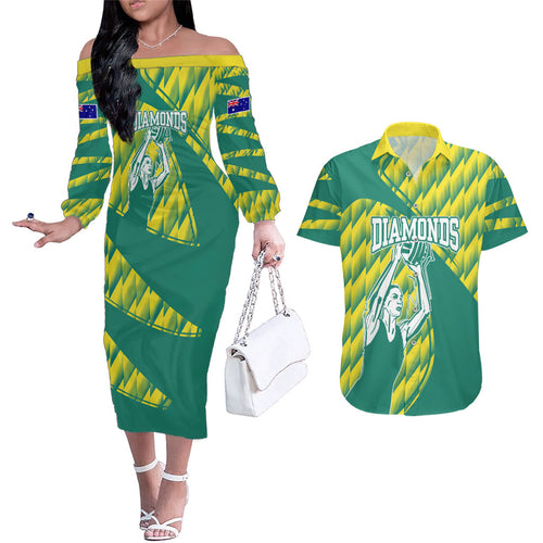 Australian Diamonds Netball Couples Matching Off The Shoulder Long Sleeve Dress and Hawaiian Shirt Bold Geometric Zigzag Pattern With Athletic Player Graphics
