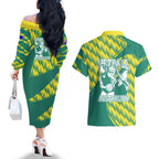 Australian Diamonds Netball Couples Matching Off The Shoulder Long Sleeve Dress and Hawaiian Shirt Bold Geometric Zigzag Pattern With Athletic Player Graphics
