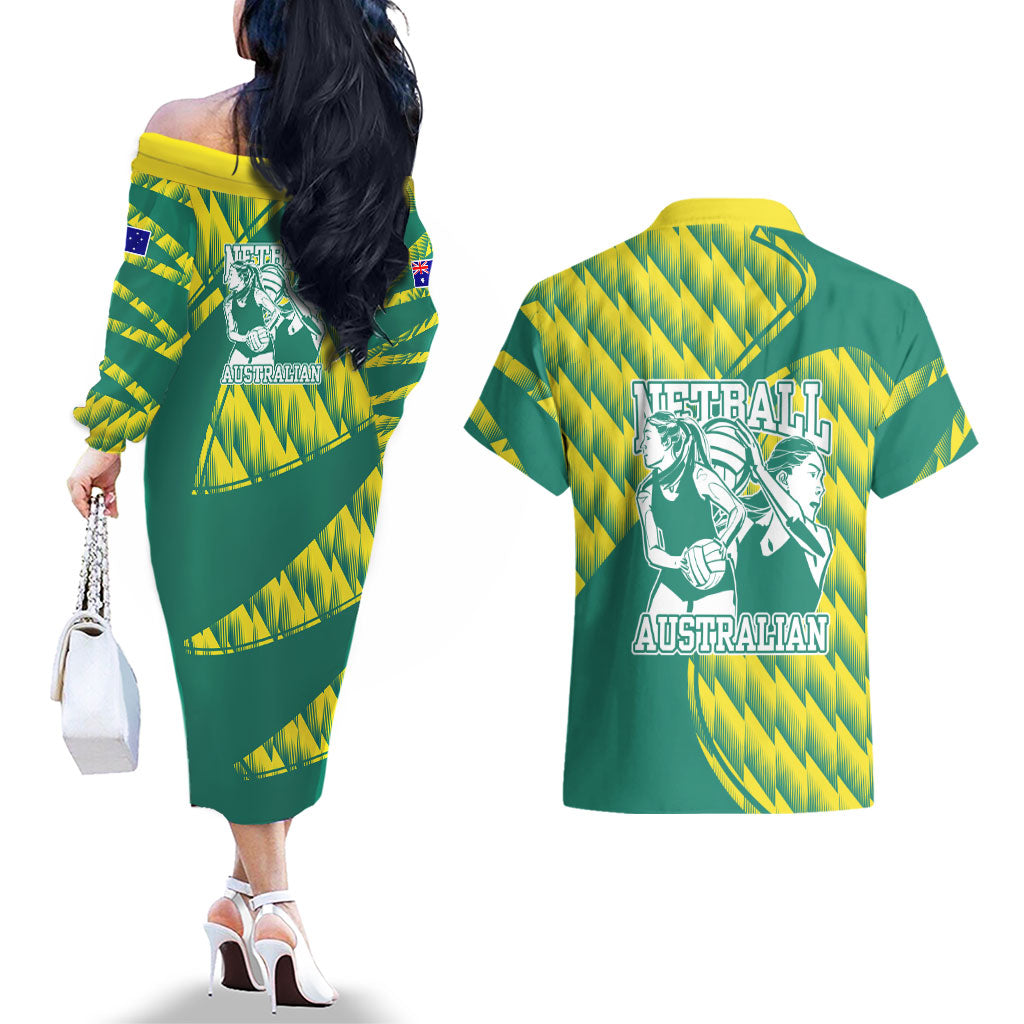 Australian Diamonds Netball Couples Matching Off The Shoulder Long Sleeve Dress and Hawaiian Shirt Bold Geometric Zigzag Pattern With Athletic Player Graphics